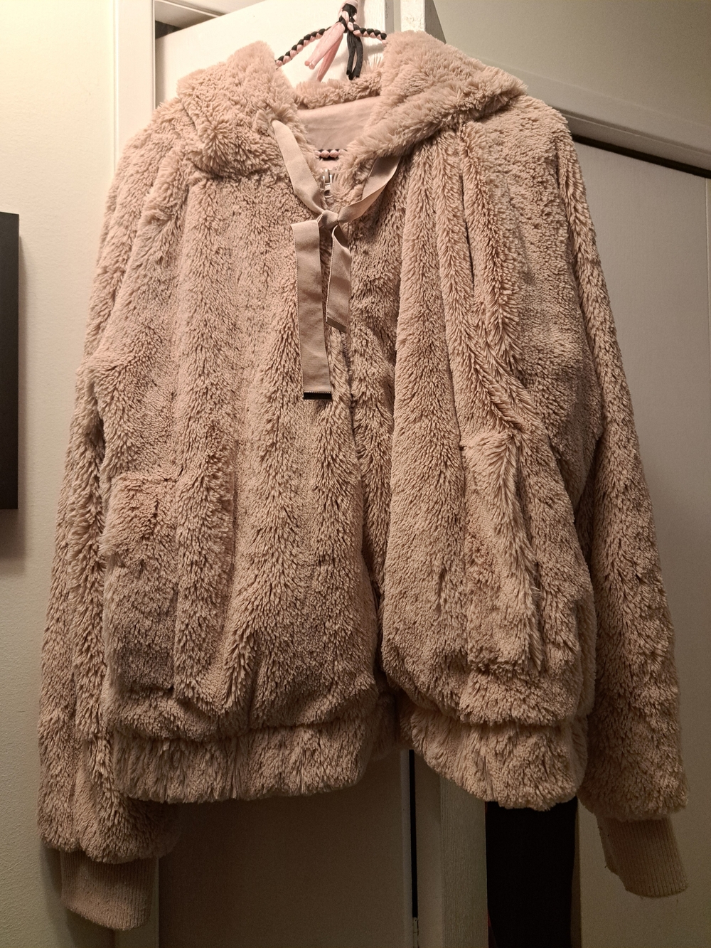 Urban Heritage Plush Hooded Teddy Jacket in Beige